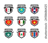 Vector set of sport logo with national teams. Football sings for tournament isolated on white background. Syria, Kazakhstan, Laos, Kyrgyzstan, Tajikistan, Vietnam, Macau, Lebanon, Mongolia.