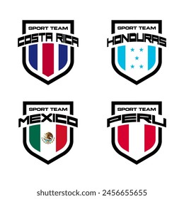 Conjunto de Vector de logo deportivo con Equipos nacionales. El fútbol canta para el torneo aislado sobre fondo blanco. Costa Rica, Honduras, México, Perú.