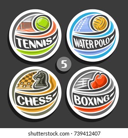 Vector set of sport logos, 4 round simple badges with flying ball on curved trajectory, circle sports signs of minimal design with games equipment, original type for words of different kind of sport.