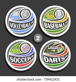 Vector set of sport logos, 4 round simple badges with flying ball on curved trajectory, circle sports signs of minimal design with games equipment, original type for words of different kind of sport.