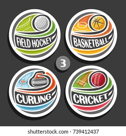 Vector set of sport logos, 4 round simple badges with flying ball on curved trajectory, circle sports signs of minimal design with games equipment, original type for words of different kind of sport.