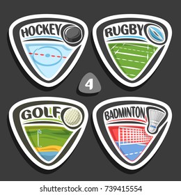 Vector set of sport logos, 4 triangle simple badges with balls, sports signs of minimal design with game equipment for sporting club or school, original type for title words of different kind of sport