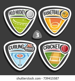 Vector set of sport logos, 4 triangle simple badges with balls, sports signs of minimal design with game equipment for sporting club or school, original type for title words of different kind of sport