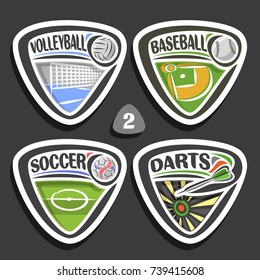 Vector set of sport logos, 4 triangle simple badges with balls, sports signs of minimal design with game equipment for sporting club or school, original type for title words of different kind of sport