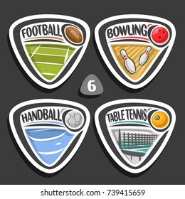 Vector set of sport logos, 4 triangle simple badges with balls, sports signs of minimal design with game equipment for sporting club or school, original type for title words of different kind of sport