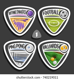 Vector set of sport logos, 4 triangle simple badges with balls, sports signs of minimal design with game equipment for sporting club or school, original type for title words of different kind of sport