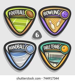 Vector set of sport logos, 4 triangle simple badges with balls, sports signs of minimal design with game equipment for sporting club or school, original type for title words of different kind of sport