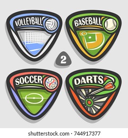 Vector set of sport logos, 4 triangle simple badges with balls, sports signs of minimal design with game equipment for sporting club or school, original type for title words of different kind of sport