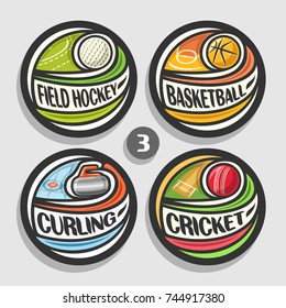 Vector set of sport logos, 4 round simple badges with flying ball on curved trajectory, circle sports signs of minimal design with games equipment, original type for words of different kind of sport.