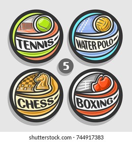 Vector set of sport logos, 4 round simple badges with flying ball on curved trajectory, circle sports signs of minimal design with games equipment, original type for words of different kind of sport.