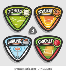 Vector set of sport logos, 4 triangle simple badges with balls, sports signs of minimal design with game equipment for sporting club or school, original type for title words of different kind of sport