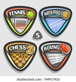 Vector set of sport logos, 4 triangle simple badges with balls, sports signs of minimal design with game equipment for sporting club or school, original type for title words of different kind of sport