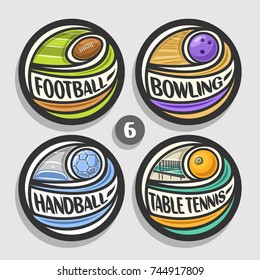 Vector set of sport logos, 4 round simple badges with flying ball on curved trajectory, circle sports signs of minimal design with games equipment, original type for words of different kind of sport.