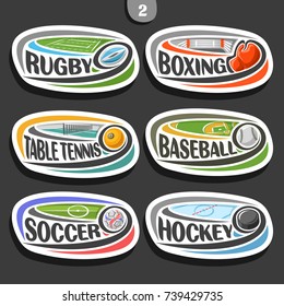 Vector set of sport logos, 6 oval simple badges with flying ball on curved trajectory, sports signs of minimal design with games equipment, original typography for words of different kind of sport.