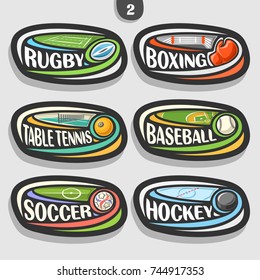 Vector set of sport logos, 6 oval simple badges with flying ball on curved trajectory, sports signs of minimal design with games equipment, original typography for words of different kind of sport.