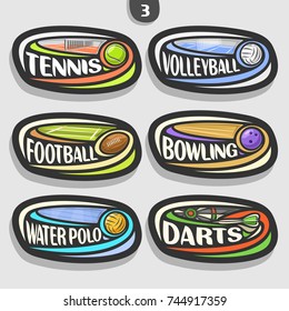 Vector set of sport logos, 6 oval simple badges with flying ball on curved trajectory, sports signs of minimal design with games equipment, original typography for words of different kind of sport.