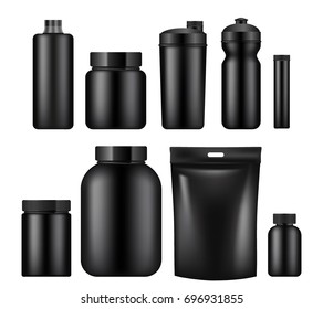 Vector set of sport nutrition container templates isolated on white background. Realistic black plastic jars, foil packages and drink bottles.