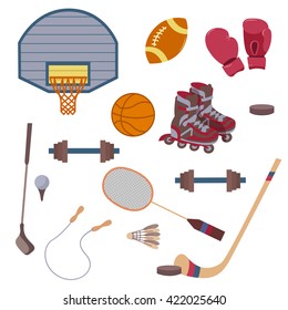 Vector set of sport objects. The composition of the sports items. Vector illustration on the theme of sport. Icons on the sports theme.  Sport Items in Vintage Style. Vector illustration
