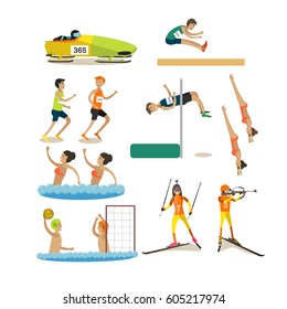 Vector Set Of Sport People Competing Isolated On White Background. Bobsleigh, Long And High Jumping, Running, Diving, Synchronized Swimming, Water Polo, Biathlon Design Elements, Icons In Flat Style.