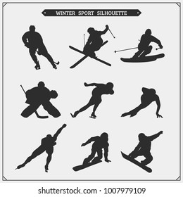 Vector set of sport players silhouettes. Winter sport.