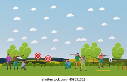 Vector set of sport shooting banner. Competition games. People in shooting positions. 
