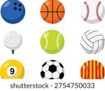 Vector set of sports ball icons including soccer basketball tennis baseball golf volleyball bowling and billiards for athletic equipment competition and fitness tournament designs.