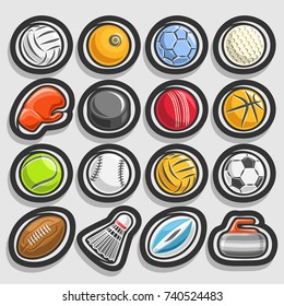 Vector set of Sports Balls, collection of sporting and gaming equipment, balls of different kinds of sports, boxing glove, hockey puck, badminton shuttlecock, curling stone isolated on grey background