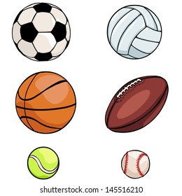 vector set of sports balls: football, volleyball, basketball, rugby, tennis, baseball