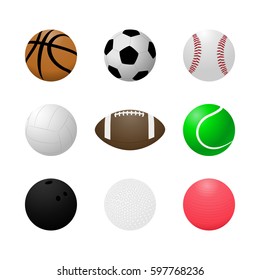 Vector set of sports balls.Icons basketball,football,baseball,volleyball,American football,tennis,bowling,Golf,fitness.