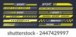 Vector Set of Sports Car Stickers Design Elements Evoking Speed And Racing Aesthetics. Arrows, Stripes And Rally Motifs