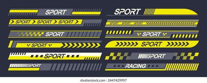 Vector Set of Sports Car Stickers Design Elements Evoking Speed And Racing Aesthetics. Arrows, Stripes And Rally Motifs