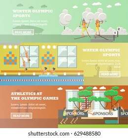 Vector set of sports concept horizontal banners. Winter and water sports, Athletics at the sport games flat style design elements.