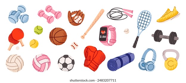 Vector set of sports equipment, for different sports, soccer, basketball, volleyball, baseball, boxing, isolated on white background