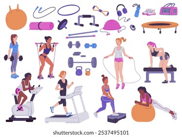 A vector set with sports equipment and female athletes. Dumbbells, a gym ball and an exercise bike, a treadmill and more for strength training and cross-training.