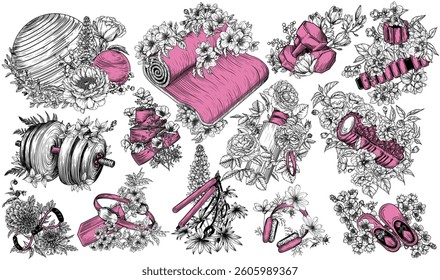 Vector set of sports equipment surrounded by flowers. Collection of pink pilates tools. Flowering Fitness gear for women. Blooming yoga. Exercises for ladies