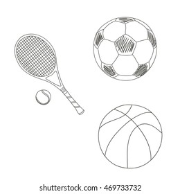 Vector set with sports equipment: tennis racket and ball, football, volleyball.