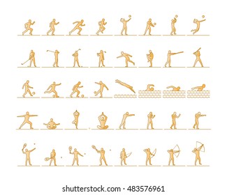 Vector set of sports figures athletes. Silhouettes of sportsmen. The runners, volleyball, golfers, baseball, soccer, swimmers, yogis, boxing, tennis and archery.