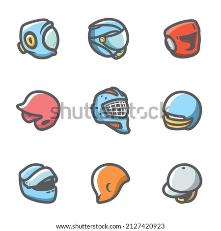 Vector Set of Sports hat, cap and headband Icons. Kudo, Muay Thai, Boxing, Baseball, Motor racing, American Football, Swimming, Hockey, Goalie, Jumping.