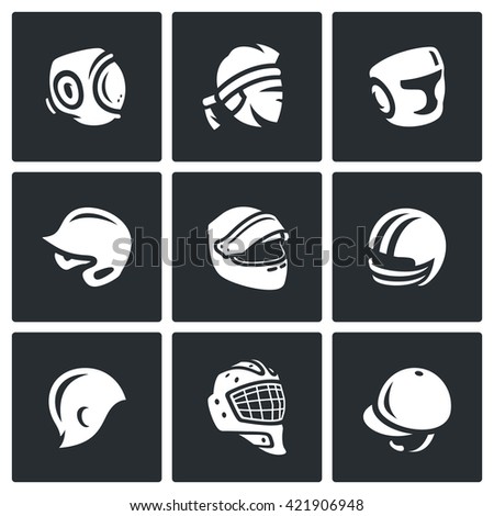 Vector Set of Sports hat, cap and headband Icons. Kudo, Muay Thai, Boxing, Baseball, Motor racing, American Football, Swimming, Hockey, Goalie, Jumping. Hats in various sports on white background 