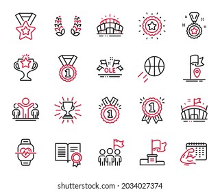 Vector Set of Sports icons related to Laurel wreath, Cardio training and Basketball icons. Winner, Leadership and Best rank signs. Winner flag, Ole chant and Victory. Diploma, Flag and Arena. Vector