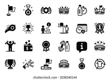 Vector Set of Sports icons related to Arena, Arena stadium and Winner flag icons. Sports stadium, Winner and Leadership signs. Success, Fitness water and Reward. Dumbbells workout, Flag. Vector