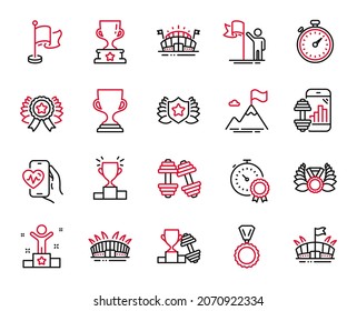 Vector Set of Sports icons related to Sports arena, Award cup and Winner podium icons. Arena stadium, Best result and Laureate signs. Dumbbell, Cardio training and Dumbbells. Medal, Flag. Vector