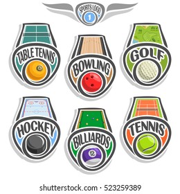 Vector Set Sports Logo With Ball, Table Tennis, Bowling Alley, Golf Course Lawn, Hockey Puck On Ice Rink, Billiards Pool, Tennis Ground Court, Abstract Sign Sporting Club, Line Balls Isolated On White