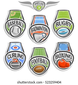 Vector set sports logo with ball, baseball field, badminton shuttlecock, rugby stadium, curling ice rink, american football, glove boxing on ring, abstract sign sporting club, balls isolated on white.