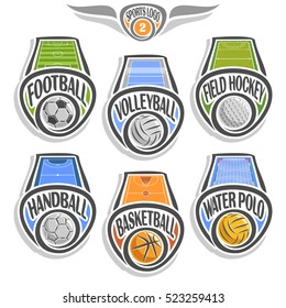 Vector set sports logo with ball, football soccer, volleyball court, field hockey, handball stadium, basketball arena, water polo pool, abstract sign sporting club, icon games balls isolated on white.