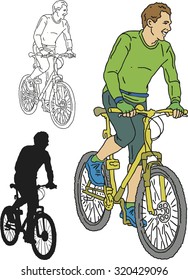 Vector set of sports man riding on a bicycle, hand drawn in cartoons  style.