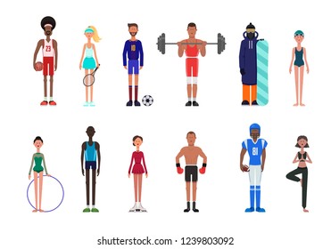 Vector set of sports. People are athletes in a flat style: basketball, tennis, football, barbell, snowboard, swimming, gymnastics, running, figure skating, boxing, rugby, yoga.