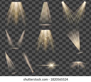 Vector set of spotlights. Glowing lights, stars and sparkles. Isolated on black transparent background. Vector illustration.