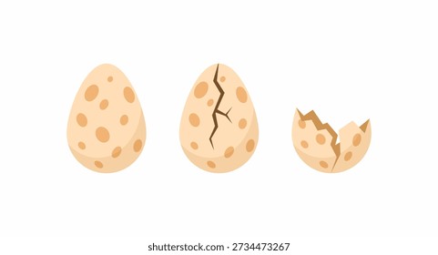 Vector set of spotted dinosaur eggs showing stages of hatching, from whole egg to cracked and broken shell, isolated on white background