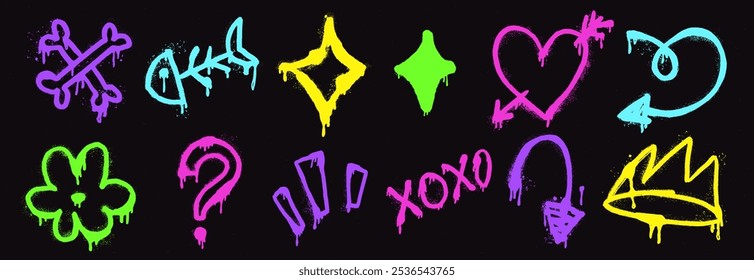 Vector set of spray art elements featuring fish skeleton, crown, heart, arrow, acid symbols. Urban street style with funky fonts, drips, and grunge splatters. 